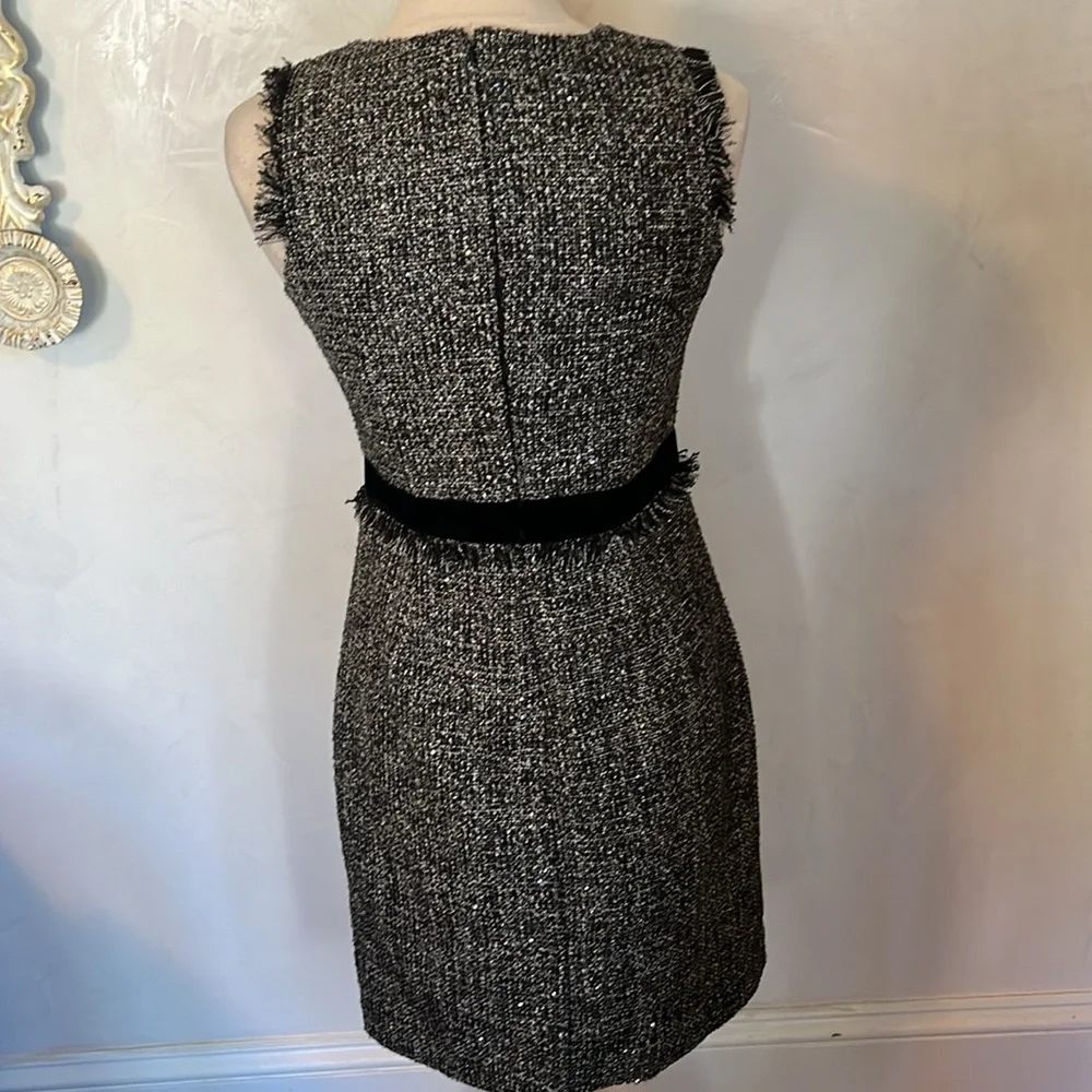 J.Crew Black/White Tweed Sheath Dress w/velvet belt,fringe detail sequins Size 4